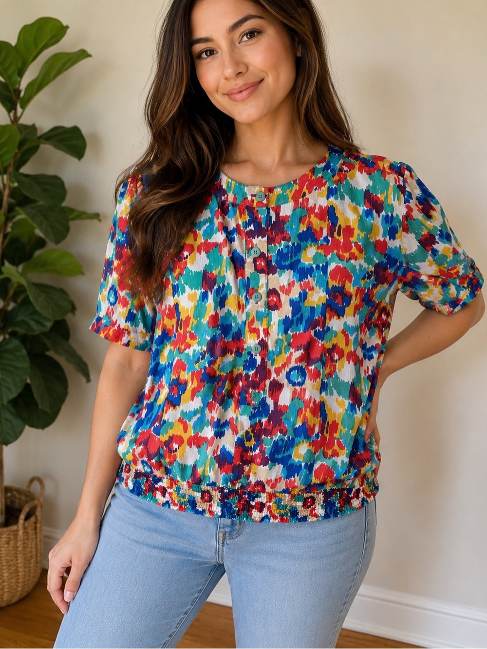 Vintage Notations Multicolor Abstract Print Short Sleeve Blouse